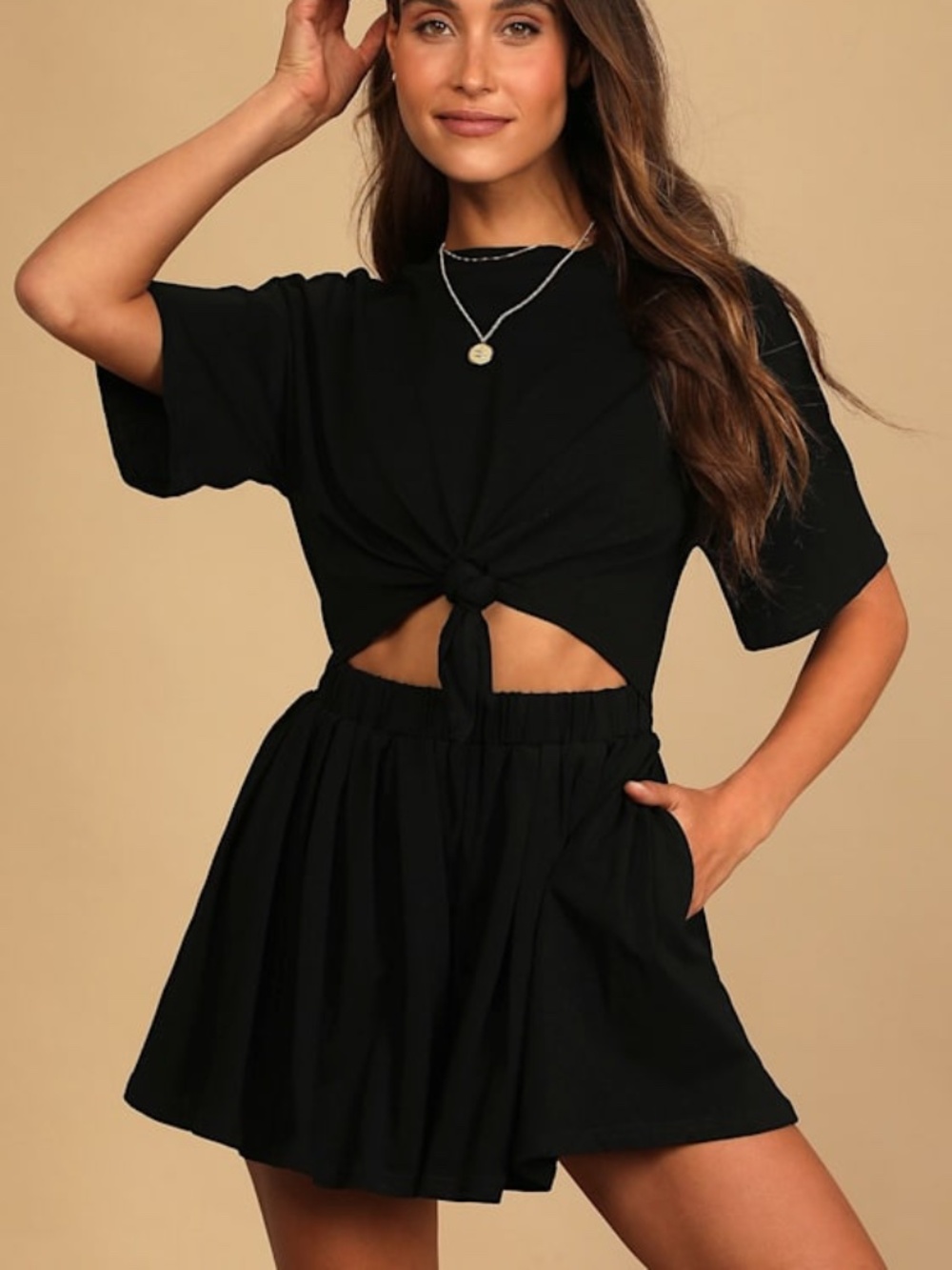 Lulus Ways To Go Black Knotted Cutout Short Sleeve Romper - Size S